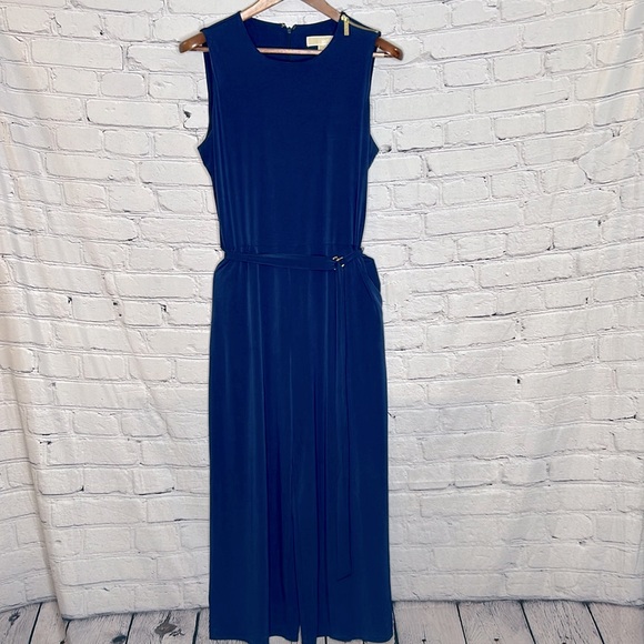 Michael Kors Sleeveless Belted Navy Blue Jumpsuit Size Large Excellent Condition - Picture 1 of 9